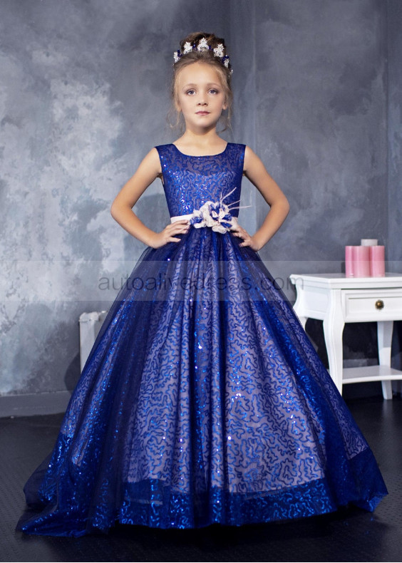 Royal Blue Sequin Flower Girl Dress With Flower Sash